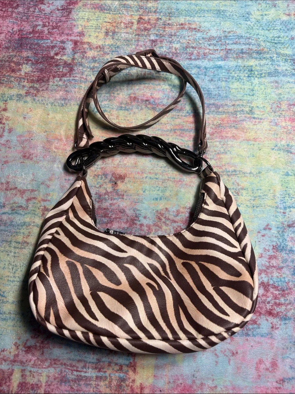 Steve Madden Brown and Cream Zebra Shoulder Bag with Chain Handle